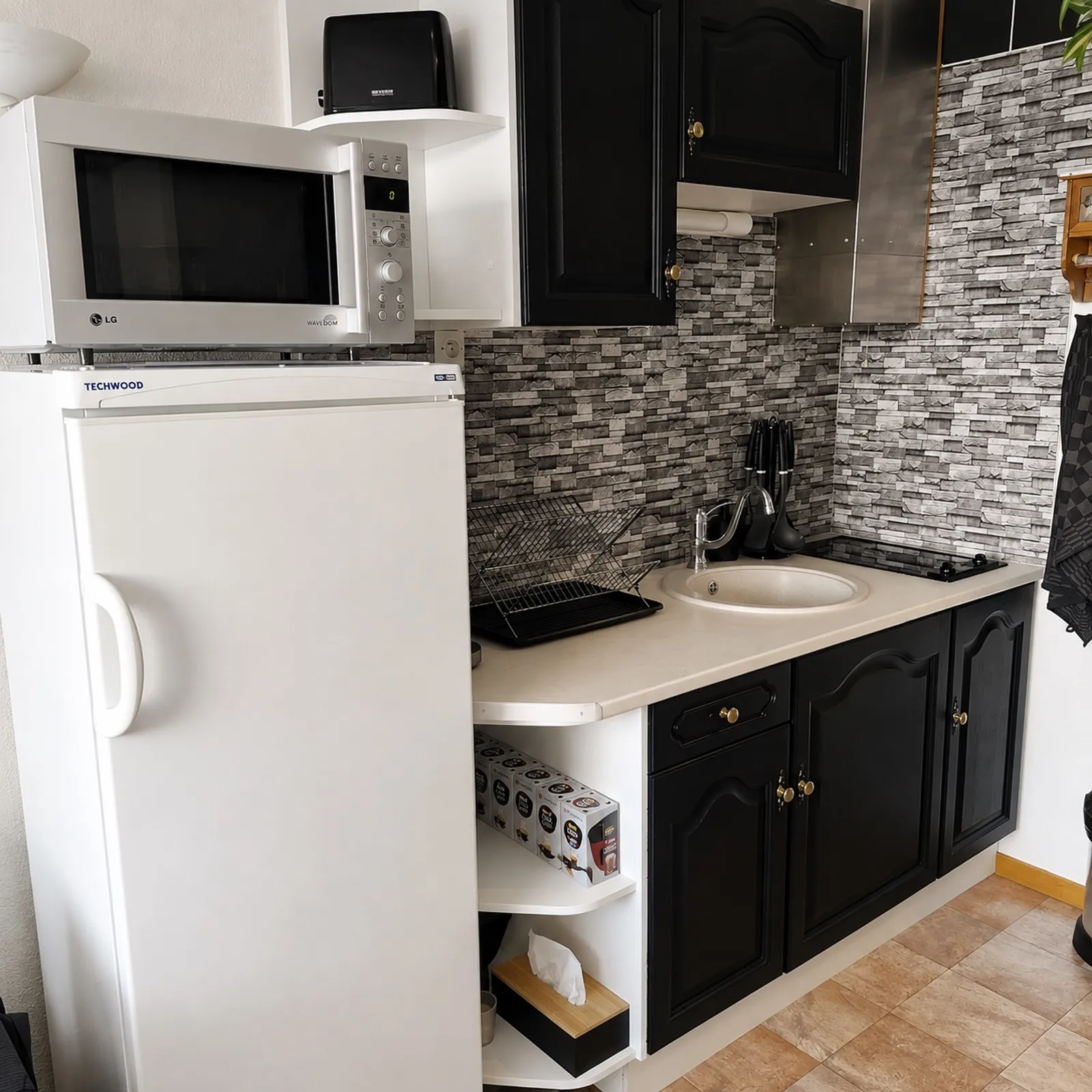 La cuisine équipée : plaques, micro-ondes, grand réfrigérateur